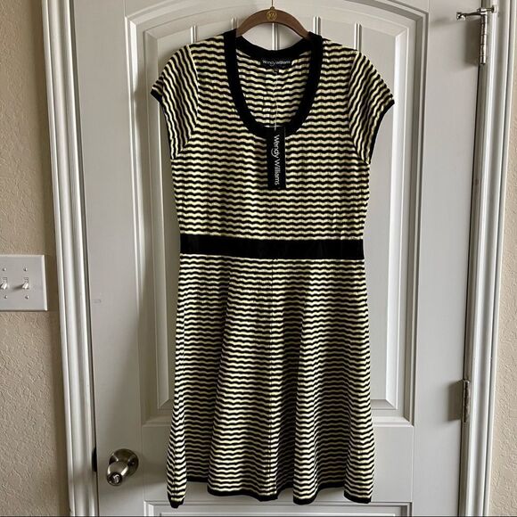 Wendy Williams Yellow/Black Chevron Striped Fit & Flare Sweater Dress;SZ L;BNWT - Picture 1 of 7